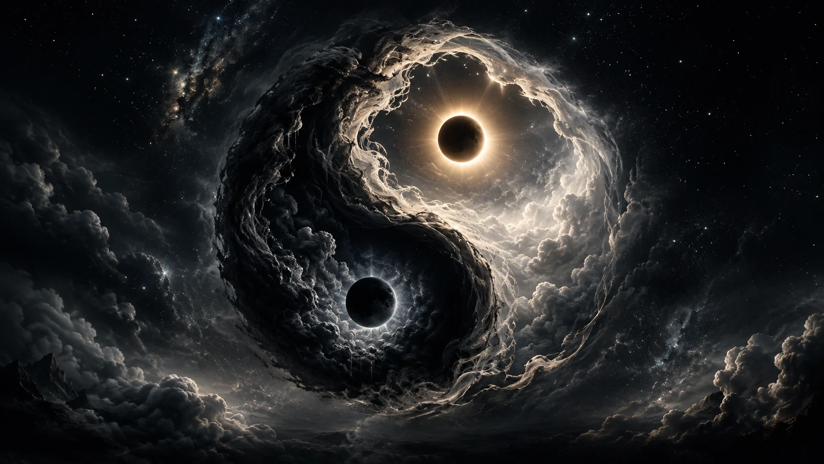 Black and white celestial forms aligned in an eclipse