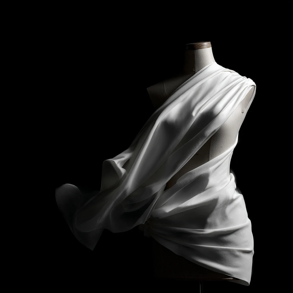 White fabric draped over a dress form against a black background