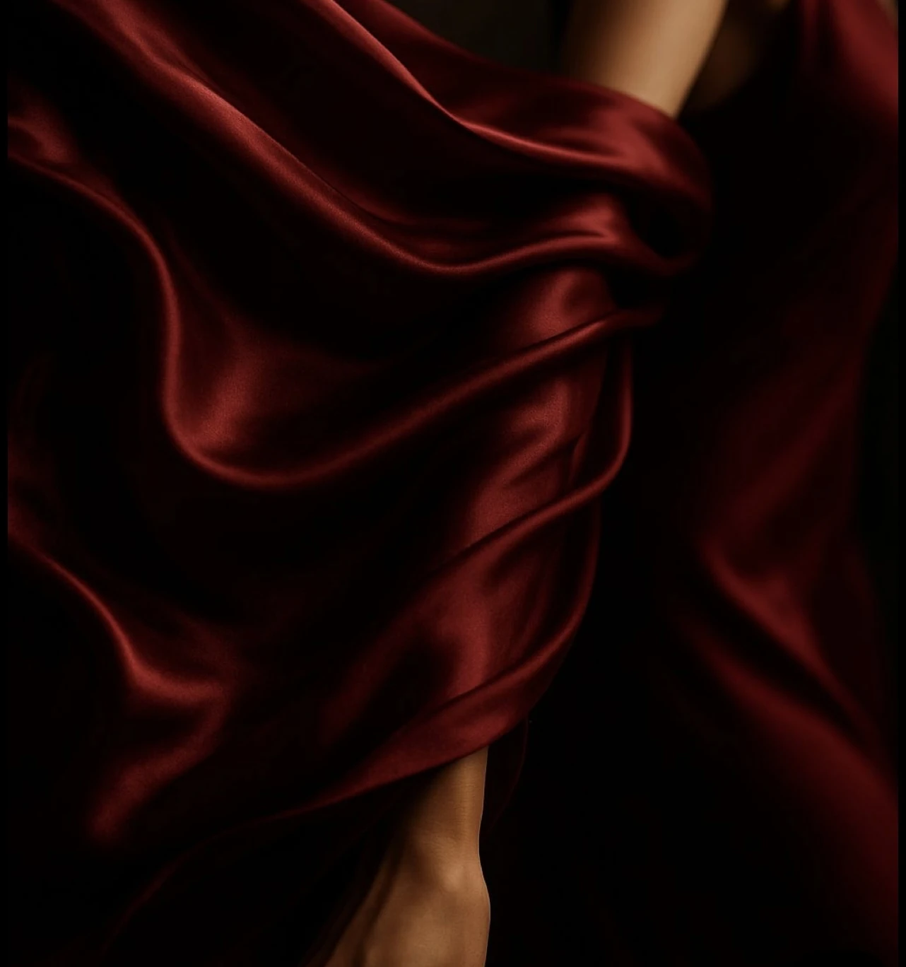 Deep burgundy satin wrapped around a dancer's leg