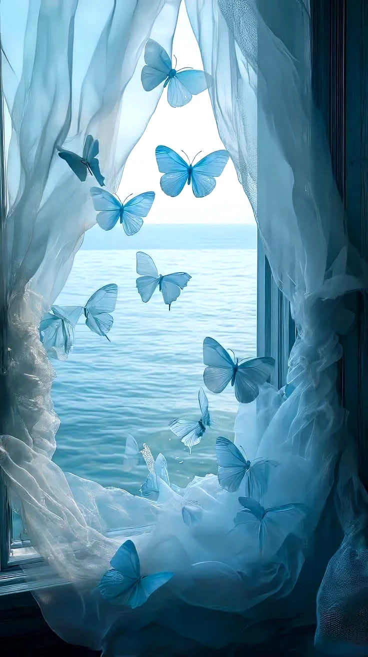 Blue butterflies suspended before a sea view