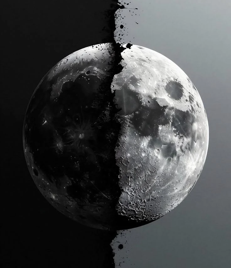 A moon divided between light and shadow