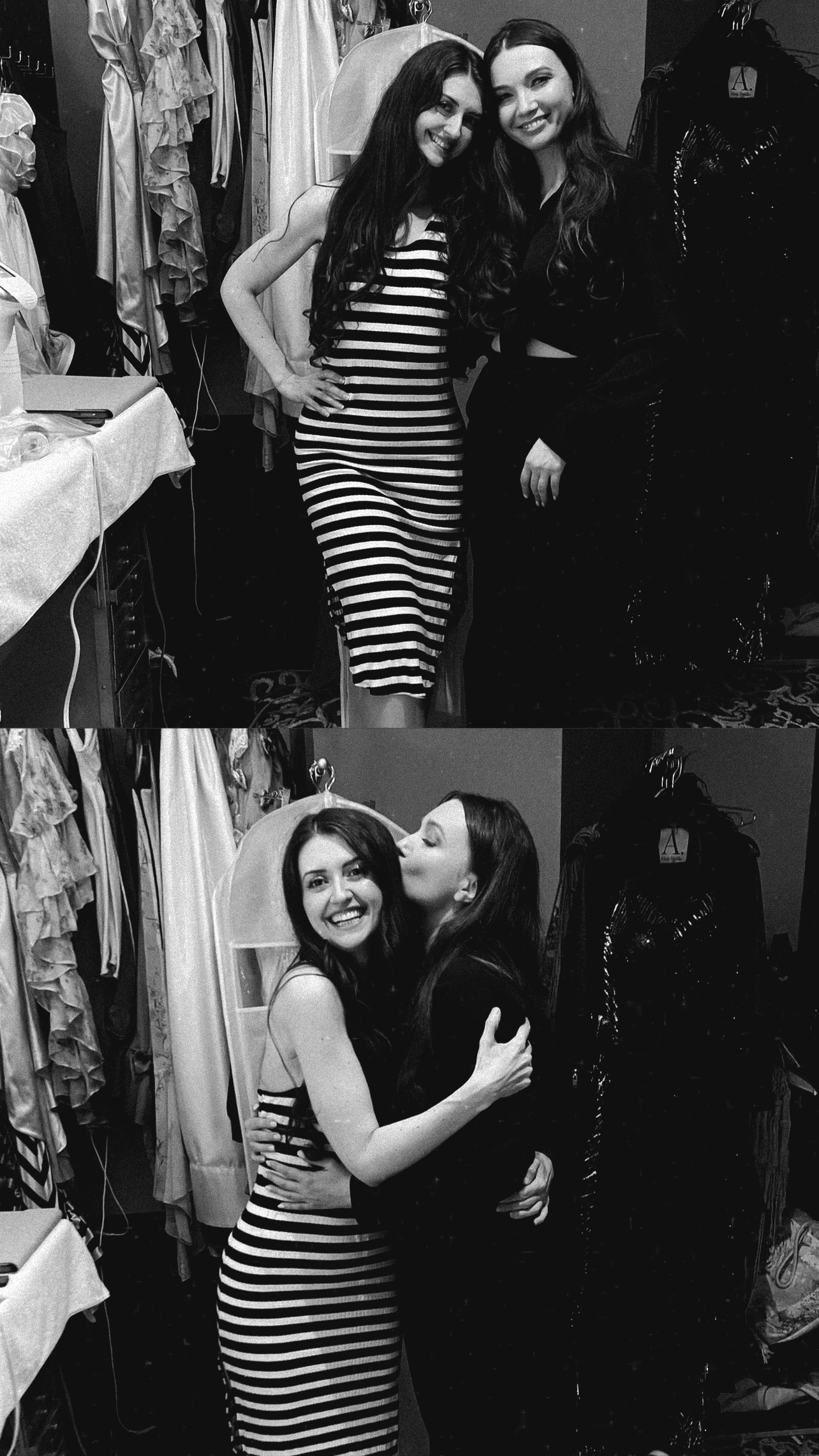 Two women embracing in a dress studio in a two-photo collage