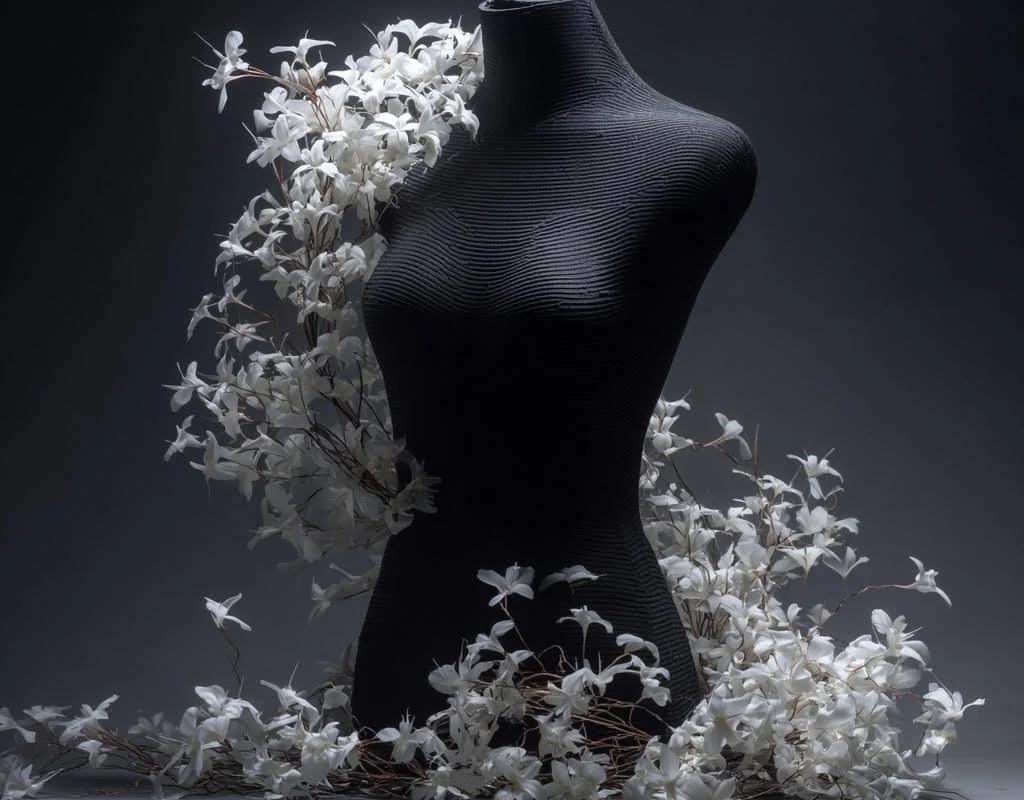 Sculptural black dress form surrounded by white flowers